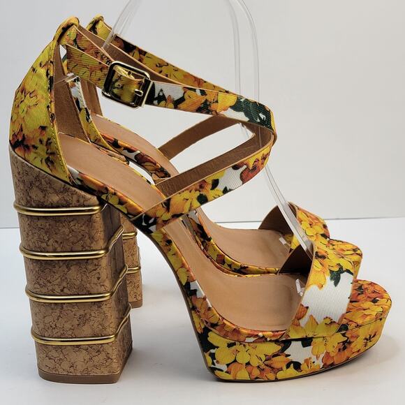 Cottagecore 9M Open Toe Yellow Floral Strappy 5" Block Heels Sandals Boho Retro - Picture 4 of 9